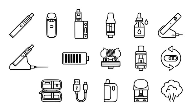 Modern Vape Pen and Electronic Cigarette Icon Collection with Vaporizer Symbols
