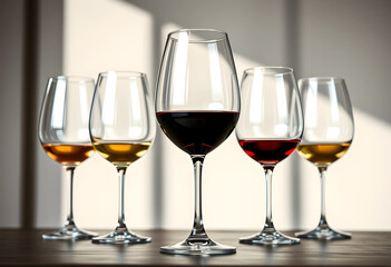 Obraz premium Five wine glasses with red and white wine indoors