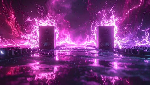 A dramatic concert stage setup featuring big audio speakers surrounded by intense purple neon flame and smoke