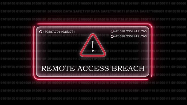 Urgent remote access breach warning alert display with glowing red neon frame, digital binary code background, cyber security threat notification, data protection failure, and system hacking error