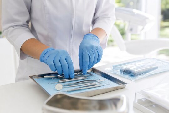 Dentist wearing blue latex gloves organizing sterile dental instruments on metal tray in bright modern clinic, professional healthcare preparation concept