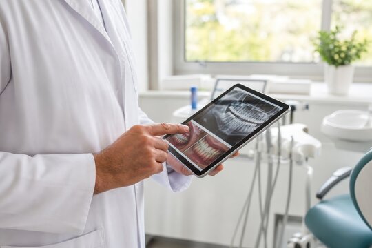 Professional male dentist in white coat examining digital dental xray and smile photos on tablet in modern clinic, healthcare concept