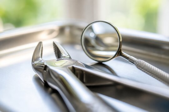 Sterile dental extraction forceps and mirror on stainless steel tray in clinic, professional healthcare equipment, close-up, shallow depth of field