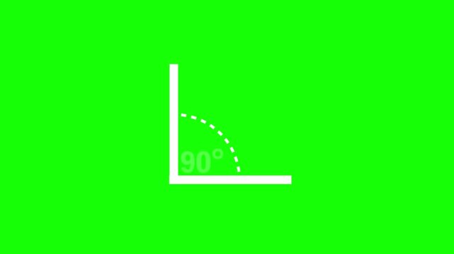 Animation of a 90-degree angle icon, acute angle symbol, mathematics knowledge and measurement concept; green background, 4K video.