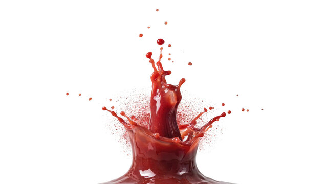 Thick red liquid splashing upward with white foam bubbles creating a dynamic crown effect against a solid black background, studio shot