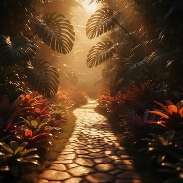 A stone walkway winding through a dense tropical jungle filled with monstera leaves and colorful bromeliads under a warm golden sunset light filtering through the canopy of the wallpaper background
