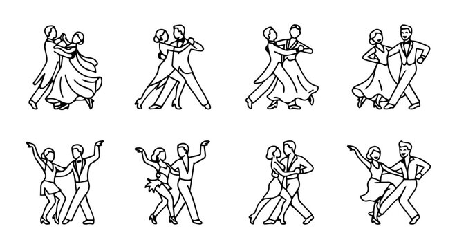 Elegant Ballroom Dancers, Couple Dancing Vector Icons Set, Romantic Movement Collection