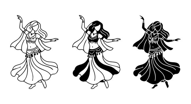 Belly Dancers Vector Set, Elegant Female Performers in Traditional Costume, Silhouette and Outline Styles