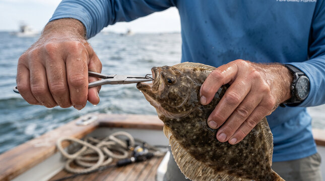 Fisherman removing hook from caught flounder on boat using pliers during summer fishing trip