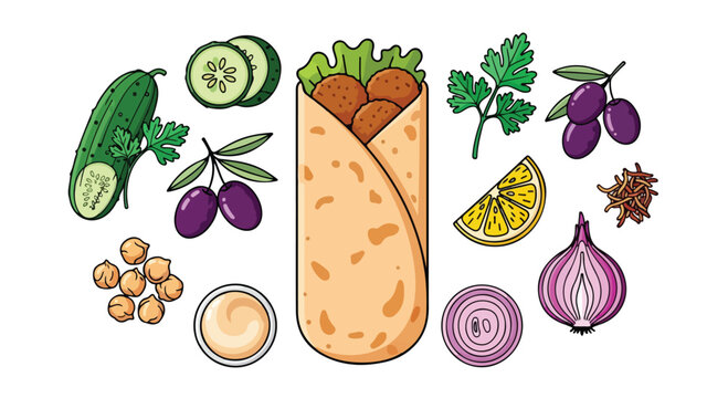 Hand drawn illustration of a falafel wrap with fresh Mediterranean ingredients.