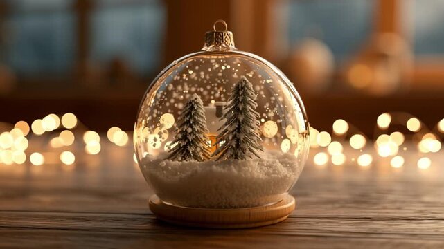 Miniature christmas house and pine tree inside a glass globe ornament a close-up view