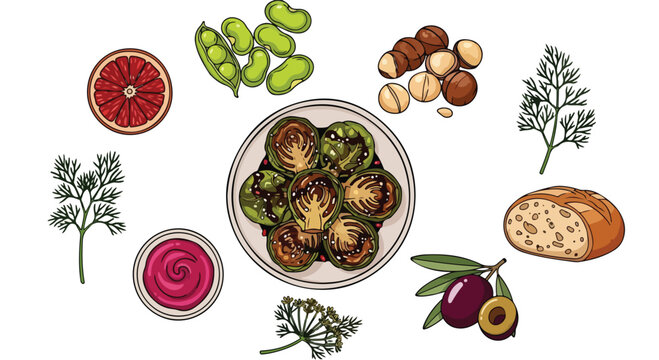 Hand drawn illustration of a plate of roasted Brussels sprouts surrounded by fresh ingredients.