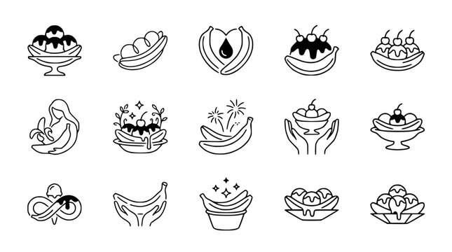 Banana Ice Cream Sundae Icons: Sweet Desserts, Fruit Treats, and Fun Food Illustrations