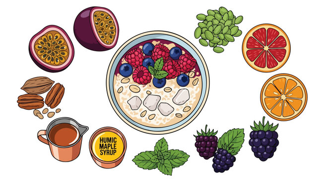 Healthy breakfast oatmeal bowl with assorted fresh fruits and nuts.