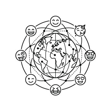Global communication line icon vector, world map with emoji faces and network connections, international social media and digital community concept