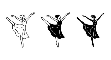 Elegant Ballet Dancers, Graceful Female Performers in Classic Poses, Black and White Vector Illustrations © Dolon