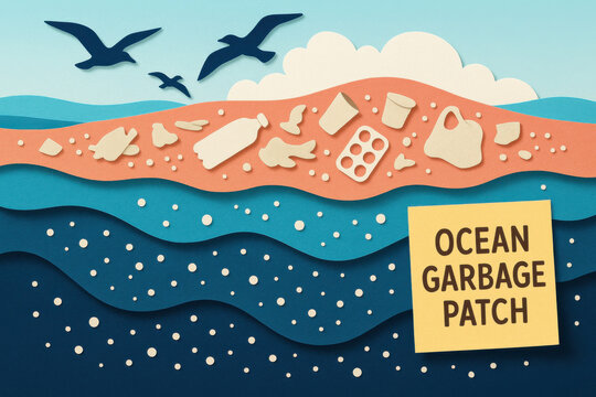 Ocean garbage patch spreading across blue waves, with plastic waste, bottles, and debris floating on surface, seabirds flying overhead in pollution awareness scene
