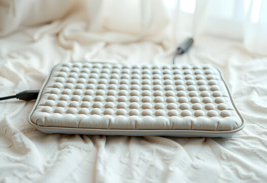 Electric heating pad on soft fabric background