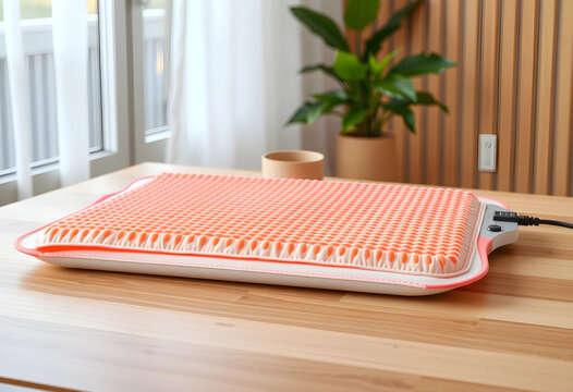 Electric heating pad on wooden table indoors