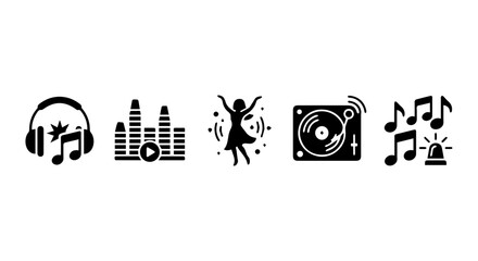 Music Icons Set: Headphones, Equalizer, Dancer, Turntable, Notes. Vector Graphics for Audio and Entertainment.