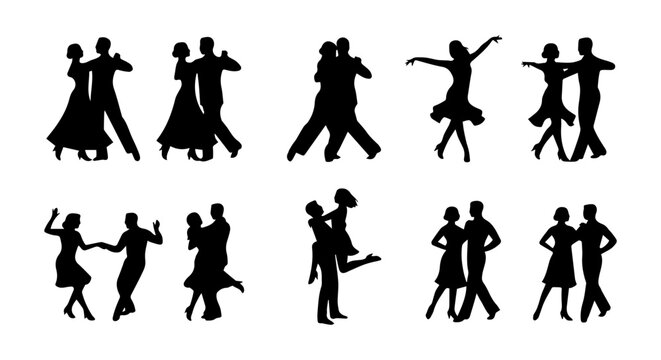 Ballroom Dance Silhouettes, Elegant Couples Dancing Vector Set, Romantic Movement Collection