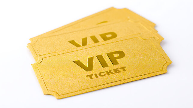 Stack of Golden Access Tickets for Exclusive Events, Symbolizing Special Privileges and Elite Entry on a Clear White Background