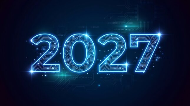 Technology background with glowing blue digital numbers 2027 and circuit board pattern.