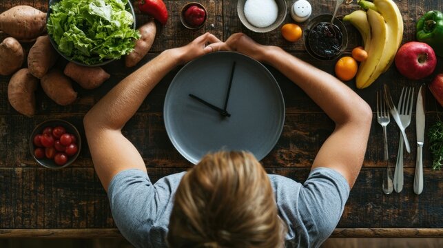 A person with their arms resting on a large plate with clock hands, surrounded by fresh vegetables, fruits, and utensils on a wooden table