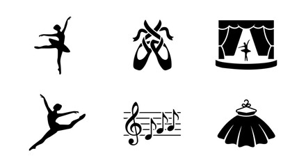 Ballet Icons: Dancer Poses, Pointe Shoes, Stage, Music Notes, Tutu Vector Set © Dolon