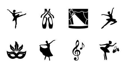 Ballet Dancer Icons, Pointe Shoes, Stage Spotlight, Masquerade Mask, Music Notes, Dance Performance Vector Set © Dolon