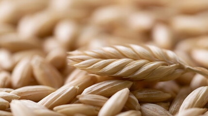 Fototapeta premium Close-up of a golden grain spikelet resting on a bed of fresh, unhusked grains, showcasing natural textures and warm harvest tones