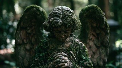 Obraz premium A moss-covered angel statue with clasped hands stands in a dimly lit forest, evoking a sense of mystery and nature reclaiming art.