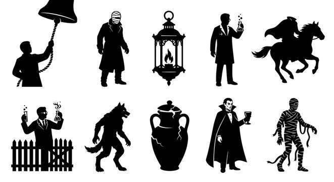 Dark gothic characters and classic horror figure silhouettes.