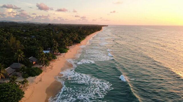 Aerial drone view of tropical beach resort at sunset with golden hour ocean waves and lush palm trees