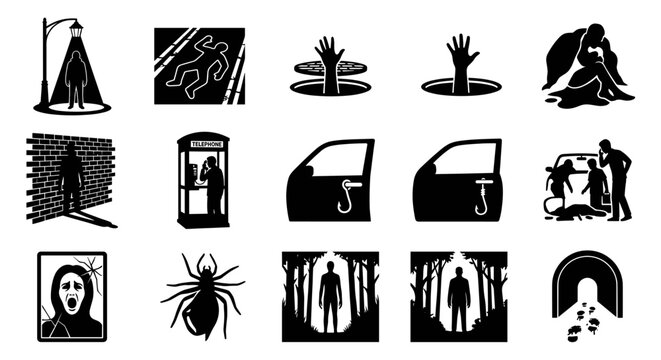 Mystery crime scene and horror suspense silhouettes.