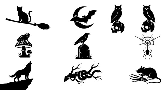 Classic Halloween animal and nature icons black silhouette collection.