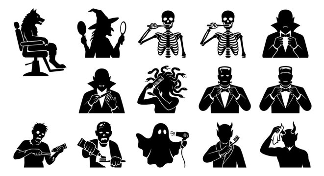 Classic monsters and creatures performing personal grooming routines silhouette.