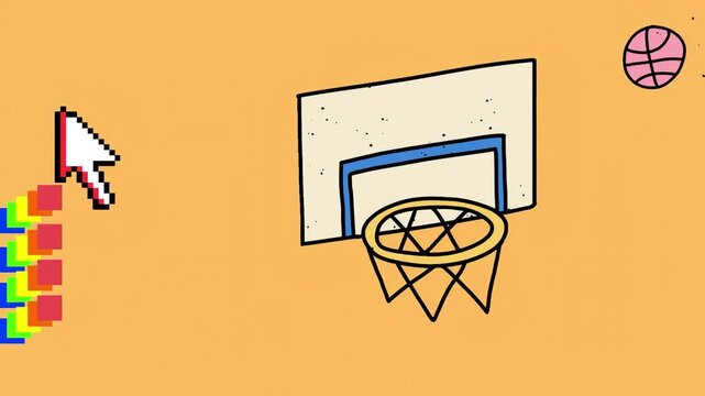 Retro pixel art and hand-drawn basketball doodle vector illustration. Basketball hoop with a backboard, ball, and pixelated rainbow cursor on a yellow background.