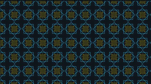 Islamic Geometric Pattern 4K Seamless Loop - Overlapping Double-Square Octagram Star in Prussian Navy and Electric Cyan. Elegant Arabesque Background for Ramadan and Eid.