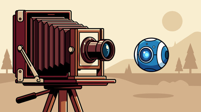 Vintage bellows camera observing floating robotic sphere eye.