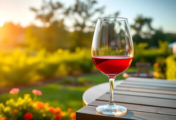 Obraz premium Glass of red wine on outdoor table at golden hour