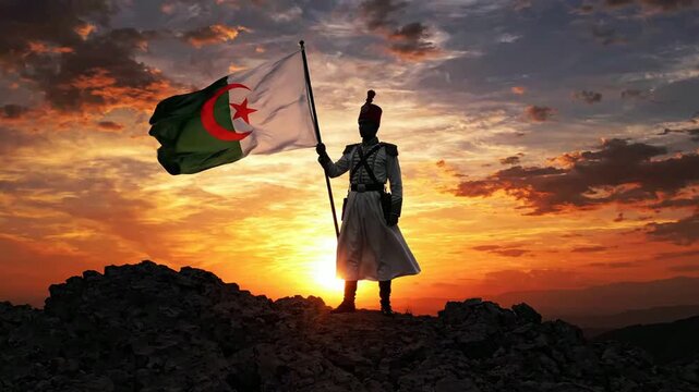 Soldier holding algerian flag at sunset on mountain peak, patriotic concept, national pride and independence, cinematic silhouette background
