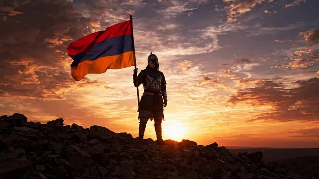 Armenian warrior holding national flag at sunset on mountain peak, epic historical soldier silhouette, patriotic concept for independence day