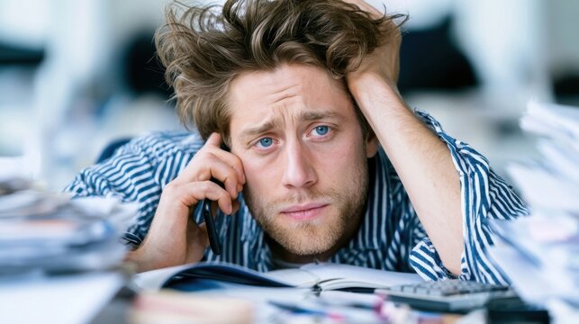 A stressed young man with tousled brown hair and blue eyes looks worried while on a phone call, surrounded by paperwork in a cluttered office setting