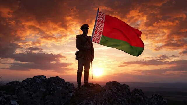 Belarusian soldier holding national flag on mountain peak at sunset, patriotic military concept, dramatic sky background, eastern europe symbolism