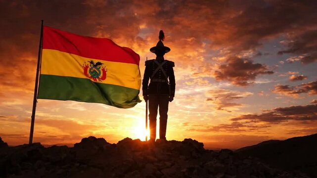 Bolivian soldier silhouette standing proudly with national flag at sunset, patriotic concept for independence day and national pride