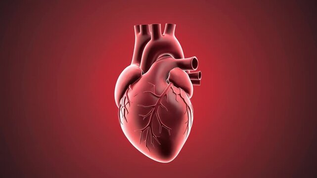 3D Medical Animation of Beating Human Heart Showing Muscle Contraction and Cardiovascular System Function on Red Background
