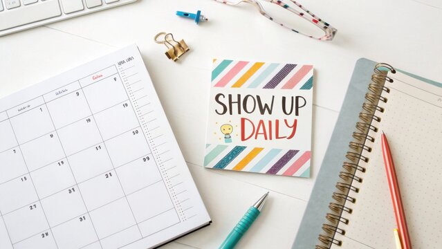 Inspirational note card on planner with stationery items showcasing daily motivation and organizational tools for productivity.