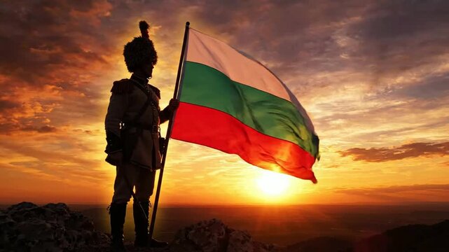 Bulgarian soldier holding national flag at sunset on mountain peak, historical uniform, patriotic concept, cinematic golden hour landscape