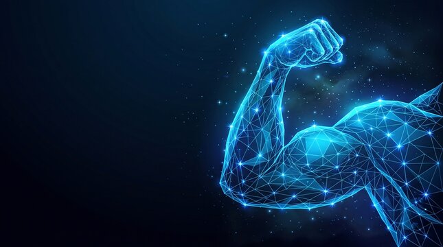 Abstract digital wireframe of a flexing human arm muscle representing strength fitness and human performance concept with strength exercise training biotechnology performance abstract